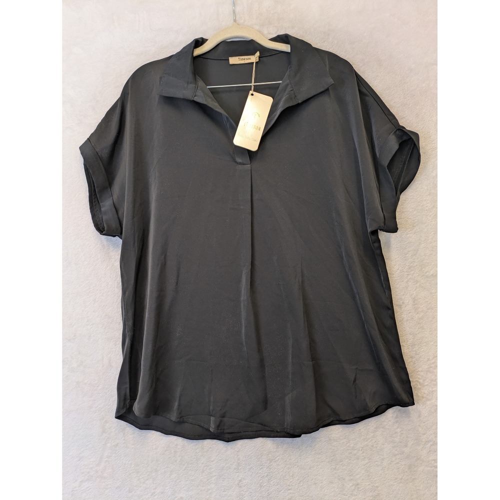 Timeson Women's Size L Black V Neck Short Sleeve Blouse
